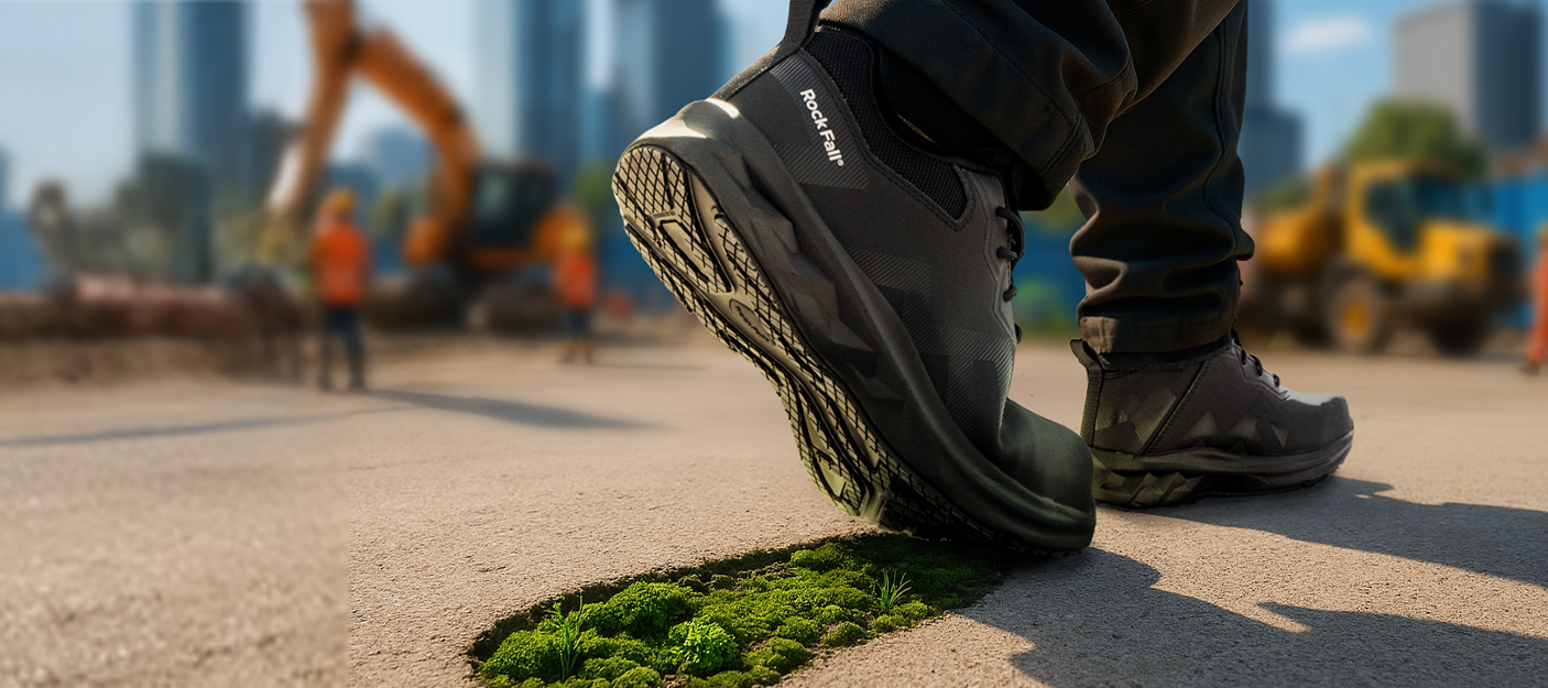 Rockfall Safety Footwear walking with green footprint